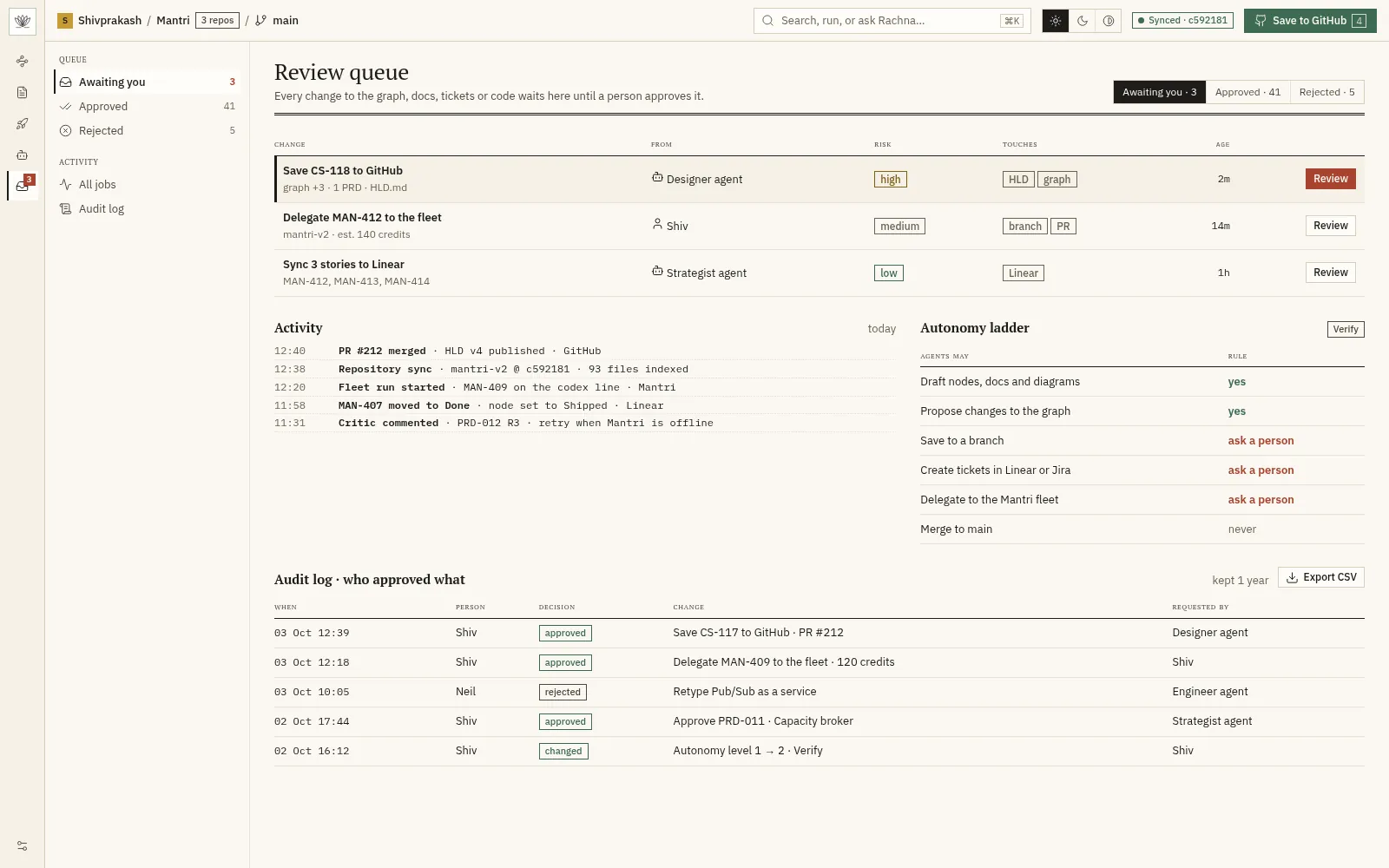The review queue with a save to GitHub waiting for approval