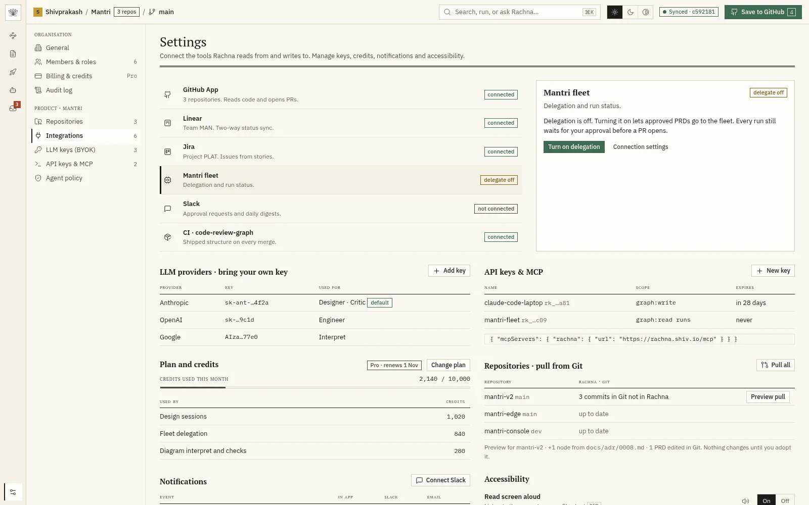 Settings with integrations and credits
